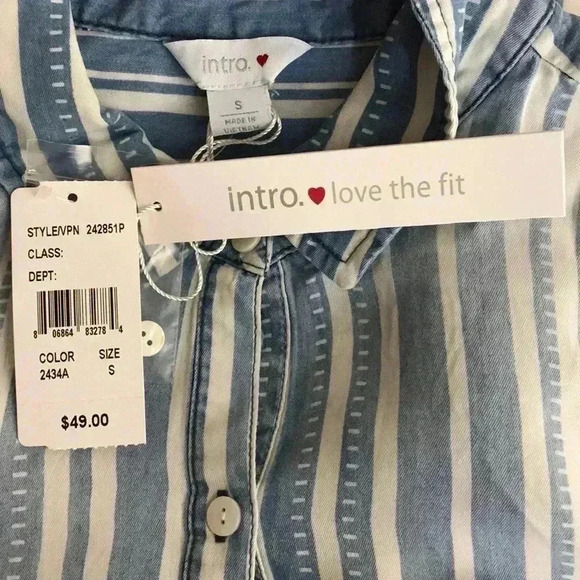 Intro. Striped Chambray Blue White Soft Long Sleeve Button Front Size S—B2 - Picture 6 of 8